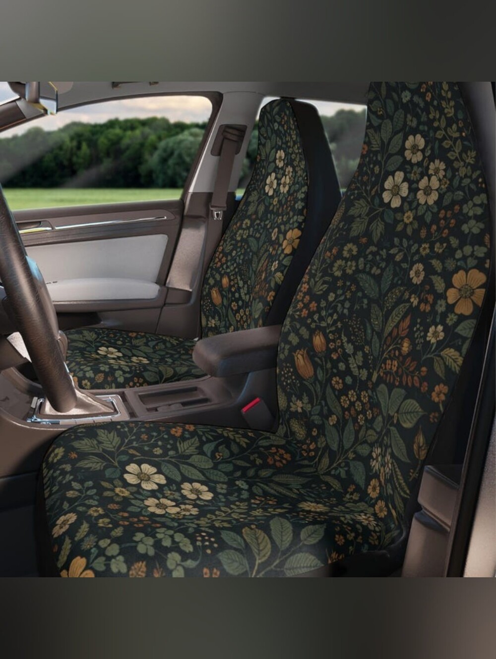 Dark Green Floral Botanical Cottagecore Car Seat Cover Set - NWOT